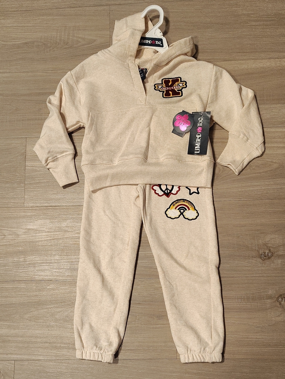 Limited Too Cream Hoodie & Jogger Set with Rainbow Patches
